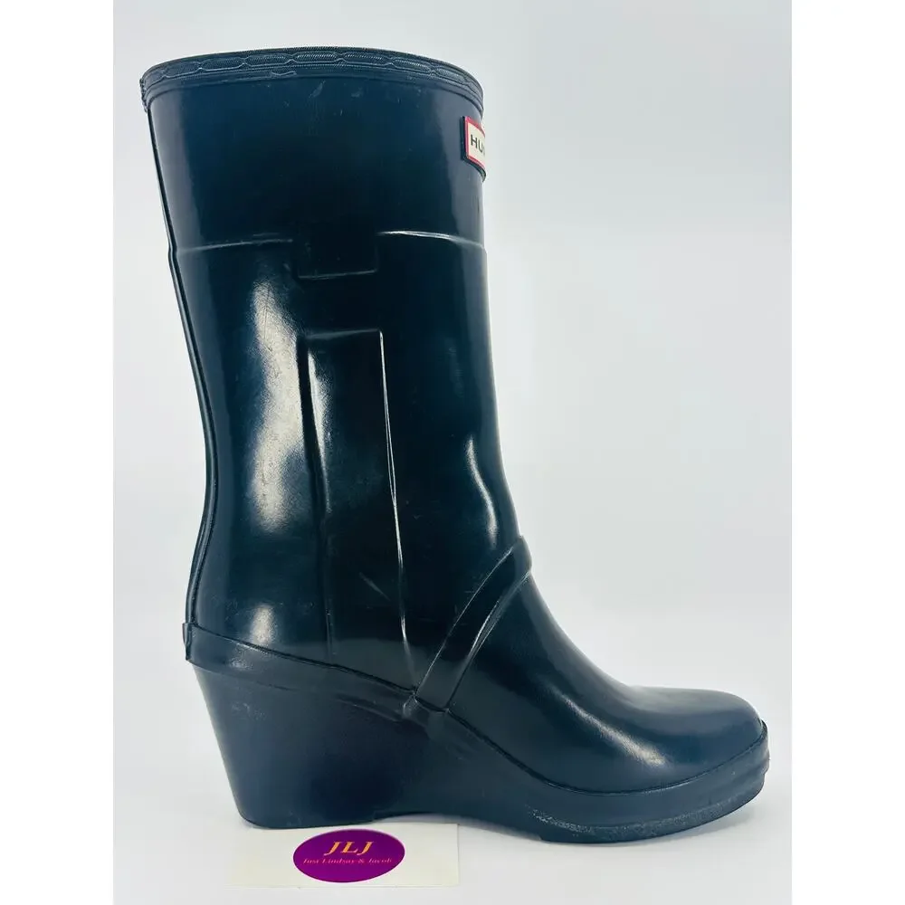 Hunter Women's Kellan Mid Black Glossy Rubber Wedge Rain Boots Size 8 SEE PHOTOS